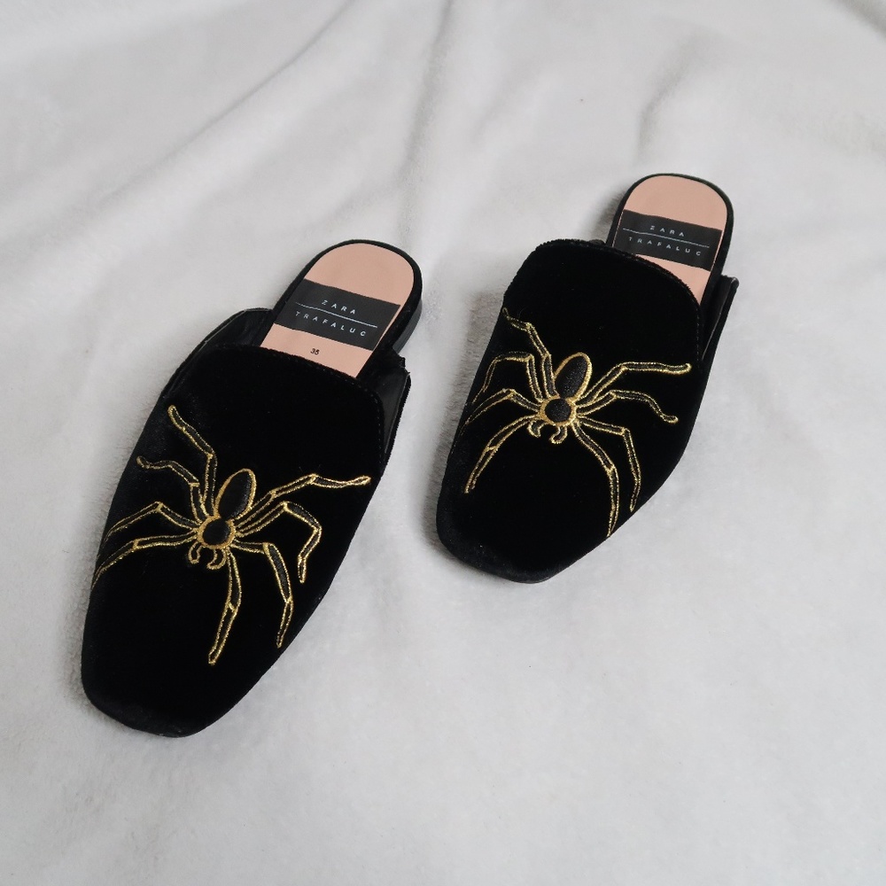 Zara Gold Spider Black Mule Loafers
